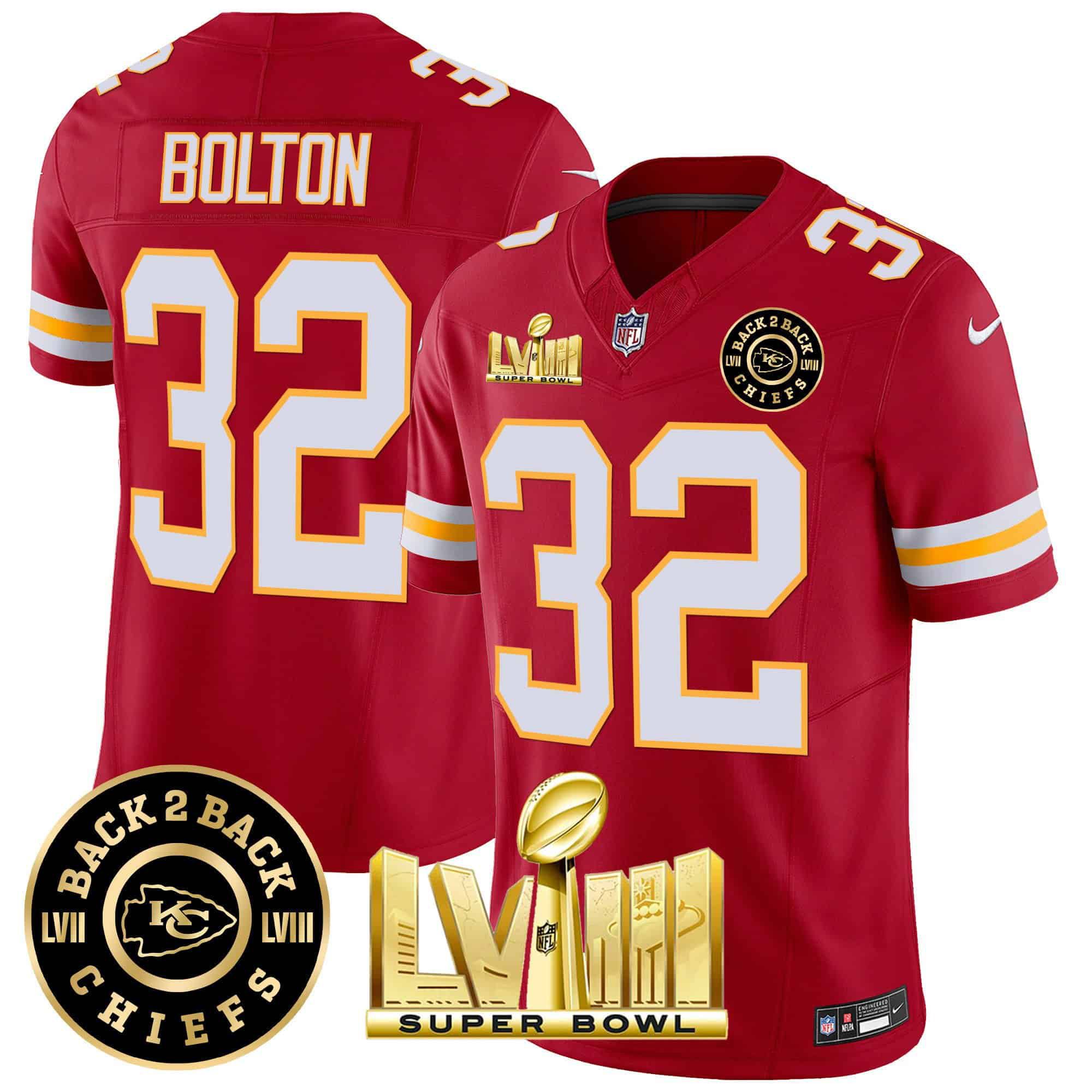 Men Kansas City Chiefs #32 Bolton Red 2024 Nike Super Bowl LVIII & Back-2-Back Patch Vapor NFL Jersey style 3